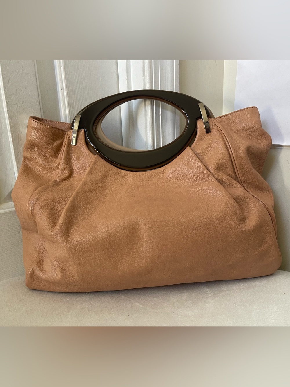 Marni Caramel Leather Tote with Dark Oval Handles